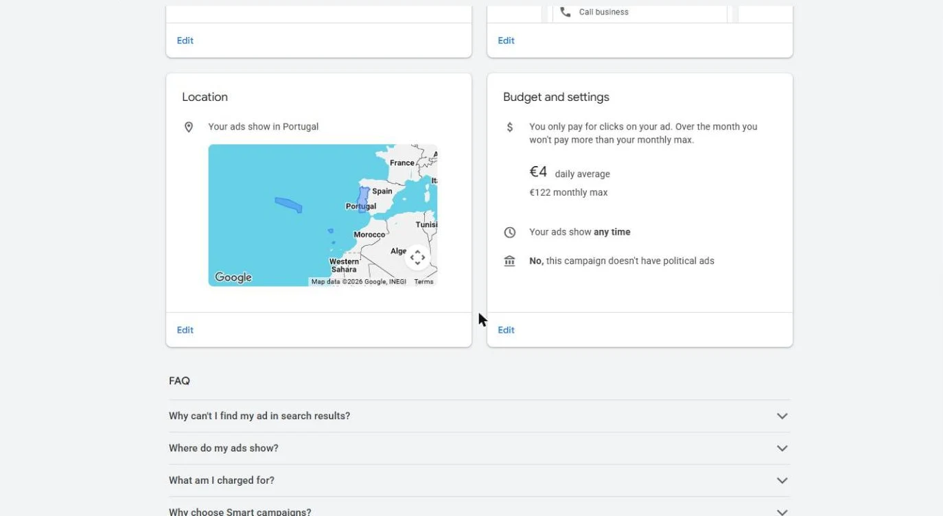 Targeting across Portugal and a controlled daily budget.