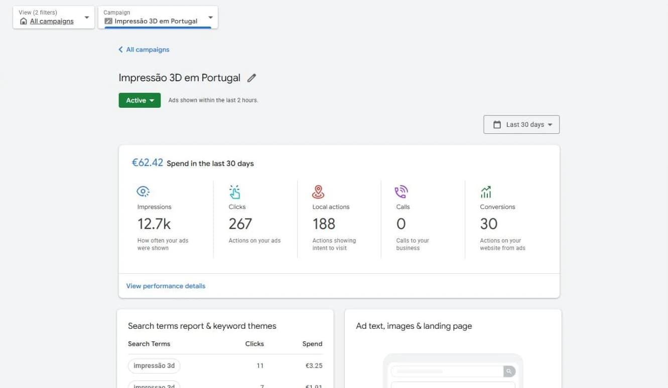 Overview: campaign spend, impressions, clicks and conversions.